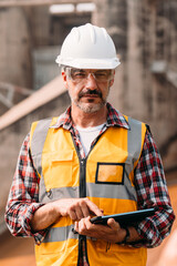 Portrait of senior power engineer wearing safety jacket and hardhat with tablet working at outdoor...