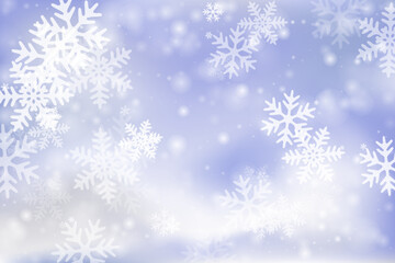 Fototapeta na wymiar Simple heavy snow flakes background. Snowstorm dust frozen granules. Snowfall sky white blue composition. Bokeh snowflakes christmas texture. Snow hurricane scenery.