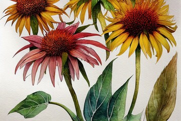 hand drawn autumn composition Watercolor botanical illustration of echinacea and sunflower flowers , anime style - obrazy, fototapety, plakaty