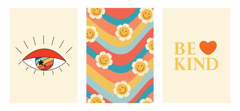 Set of colorful groovy posters in 70s and 60s hippy art style. Psychedelic eye of providence, daisy flowers and positive phrase illustrations for prints and cards. Vintage nostalgia vector postcards