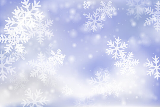 Simple heavy snow flakes background. Snowstorm dust frozen granules. Snowfall sky white blue composition. Bokeh snowflakes christmas texture. Snow hurricane scenery.