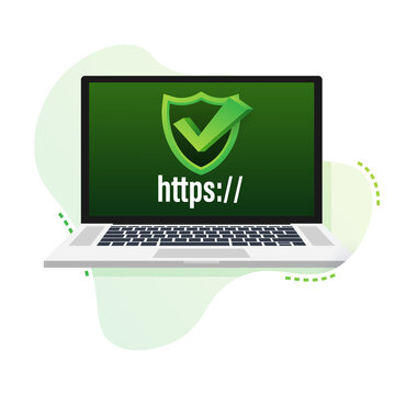 Http and https protocols on shield on laptop, on white background.  illustration.