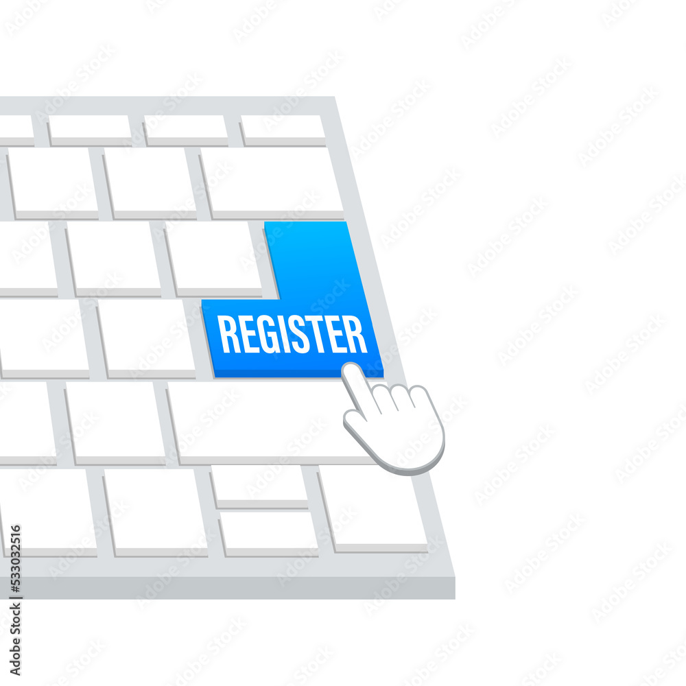 Poster register with cursor button. internet icon. pointer click icon. stock illustration.