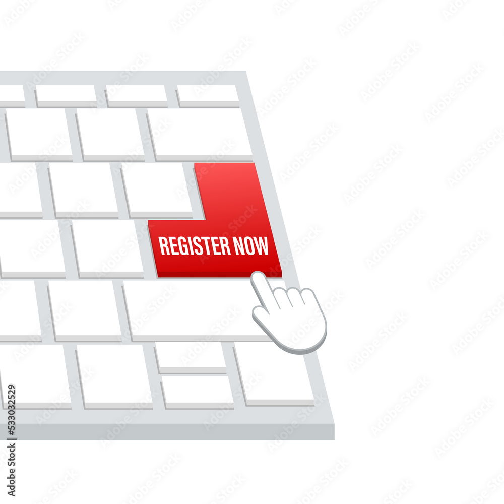 Aufkleber register now with cursor button on keaboard. internet icon. pointer click icon. stock illustration.