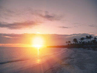 Fototapeta na wymiar Tropical sunrise. Silhouette of coconut palm trees on the beach. Dominican Republic