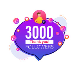 Thank you 3000 followers numbers. Flat style banner. Congratulating multicolored thanks image for net friends likes.  illustration.