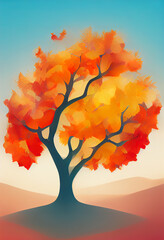Beautiful autumn tree against the blue sky. Flat picture. Digital illustration