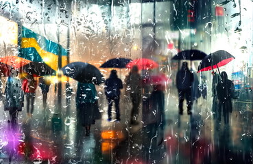  rain drops on window evening rainy city ,people walk with umbrellas blurred light urban city weather forecast background