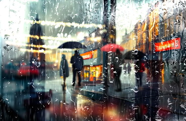 Fototapeta na wymiar rain drops on window evening rainy city ,people walk with umbrellas blurred light urban city weather forecast background