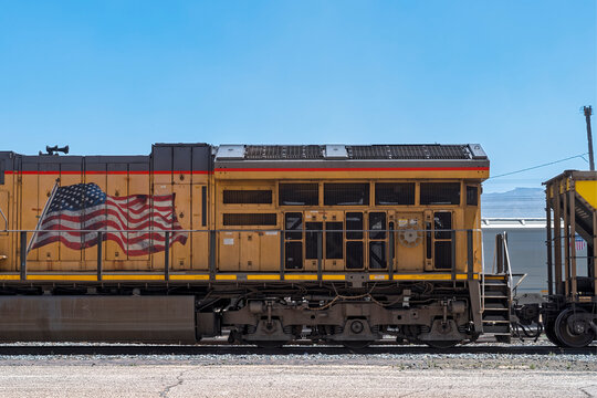 The engine compartment of a Union Pacific locomotive waiting in a railyard in Milford, Utah, USA - June 17, 2022