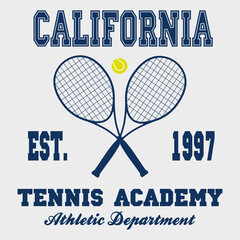 Tennis sports apparel with racket and ball. Typography emblem for t-shirt. Design for athletic clothes print