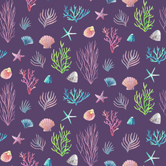 Watercolor pattern, shells in the ocean