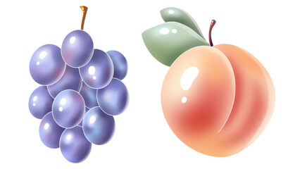 Grape and peach.  Gorgeous shiny fruit icon set. Isolated and arrangeable for print, web, apps, media.  