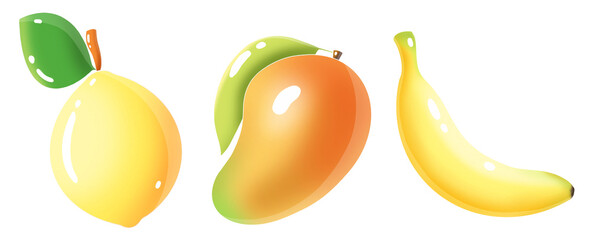 Mango, lemon and banana.  Gorgeous shiny fruit icon set. Isolated and arrangeable for print, web, apps, media. 