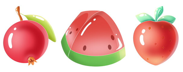 Watermelon, pomegranate and strawberry.  Gorgeous shiny fruit icon set. Isolated and arrangeable for print, web, apps, media.
