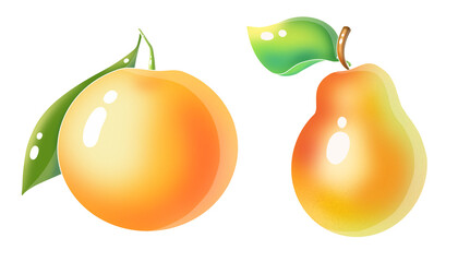 Orange and pear.  Gorgeous shiny fruit icon set. Isolated and arrangeable for print, web, apps, media.    