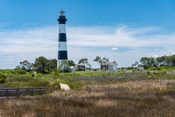 Bodie Island Lighthouse, Cape Hatteras National Seashore, Outer Banks, Nags Head, North Carolina. Black and white, tall, brick tower lighthouse.