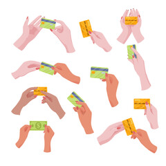 Set of hands with money. Banking operations, charity, money transfer, shopping. Credit, loan. Vector illustration of isolates on a white background.