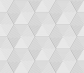 Seamless geometric pattern in grey tints. Vector seamless pattern. Modern stylish texture. Repeating geometric background. Hexagons with striped surfaces.

