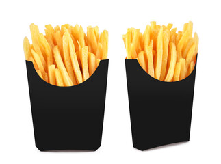 French fries in black paper box isolated on white background.