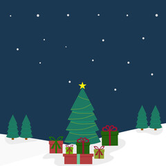 christmas trees and gifts on snowy background.