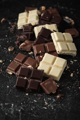 White, Milk and Dark square chocolate bars crushed with nuts on the black background