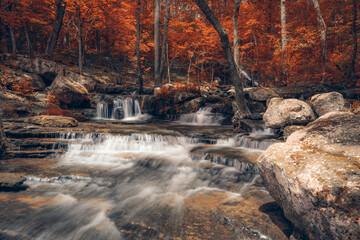 Collins creek cascade in Heber Springs Arkansas cascade waterfall flows during autumn season. 
