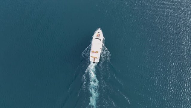 A couple rides a yacht aerial view 4 K Turkey Alanya