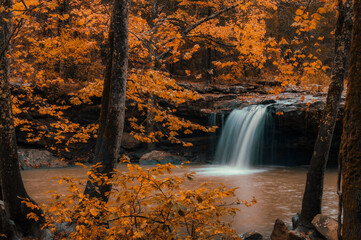 Falling water falls waterfall flows off a rocky ridge into a pool of water cscade in Arkansas during autumn. 