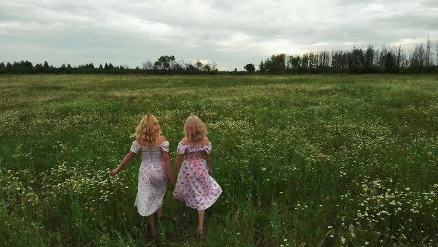 Two young blonde women in light summer dresses holding hands and walking on the field of daises