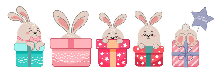 Vector set of illustrations with cute rabbits sitting in gift boxes