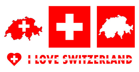 Set of illustrations with Switzerland flag, country outline map and heart. Travel concept.
