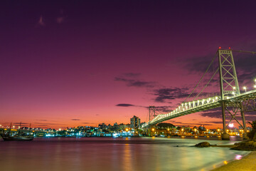 city harbour bridge at night in the city of Florianopolis, Santa Catarina, Brazil