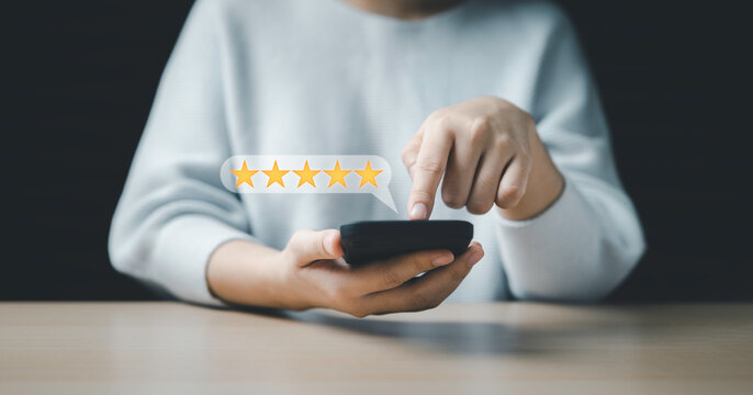 Customer review satisfaction questionnaire feedback survey concept, User give a rating to service experience on the online application, Customer can evaluate the quality of service leading.