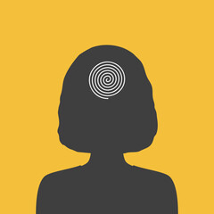 Woman with spiral line in her head. Ordered thoughts, calm mind and mental health poster illustration.