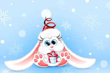 Cute fluffy cartoon white Bunny in Santa hat with little Christmas gift  box.