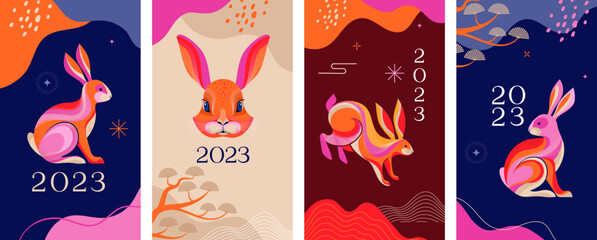 Chinese new year 2023 year of the rabbit - Story template designs. Chinese zodiac symbol, Lunar new year concept, colorful modern background design