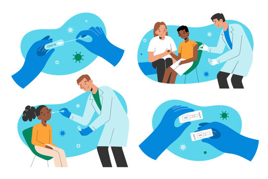 Covid Collection, Medical Doctors Performing Prc-tests With Cotton Swab, Using Rapid Lateral Flow Test, Home Kit, Holding Syringe, Giving Vaccine Injections Against Coronavirus, Vector Illustration