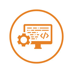 Development, website, code, coding, design, html, webpage icon. Orange vector graphics.