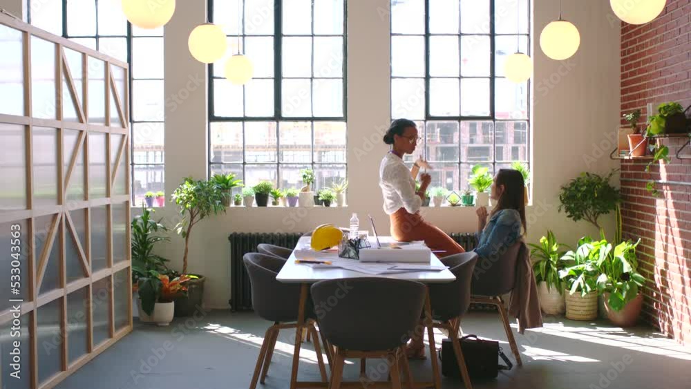 Aufkleber architecture, designer or engineer women in office while planning strategy or discussing constructio