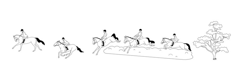 Group of riders during a horse hunting, simple, black and white, vector illustration