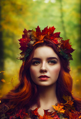 Obraz na płótnie Canvas woman with a crown of autumn, digital illustration, created with generative ai