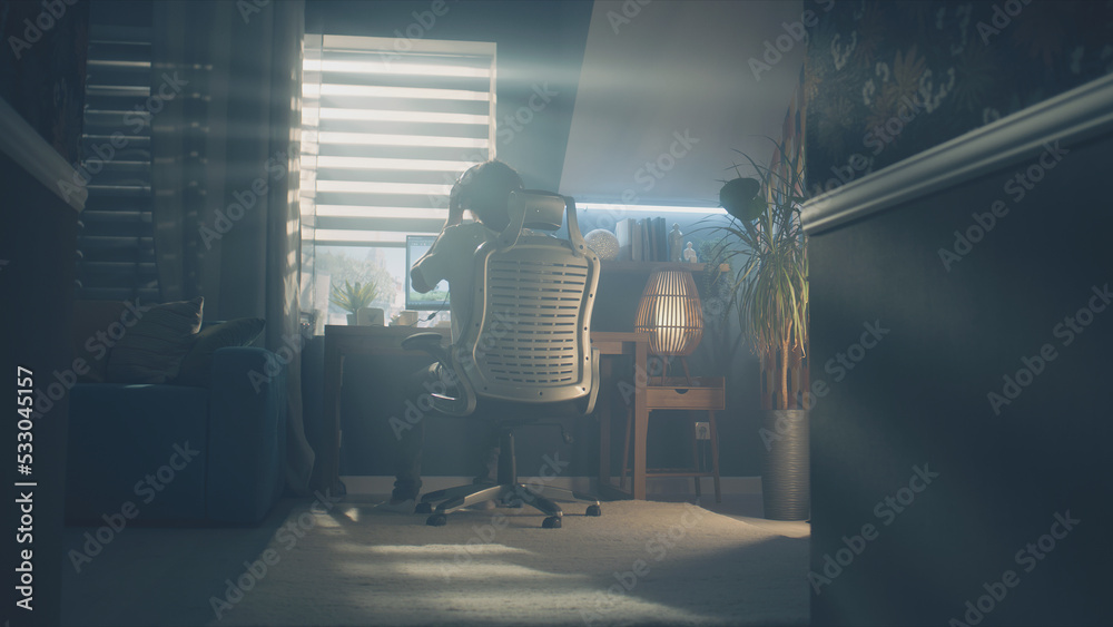 Poster Man entering the room and starting to work remotely on 3D modeling project on computer using professional program for video game development