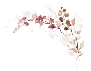 Watercolor floral frame on white. Pink, beige, brown autumn wild flowers, eucalyptus branches, leaves and twigs © satika