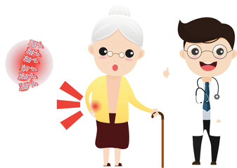 Caring for the elderly. Doctor talking with elderly patient about her symptoms. Old woman with osteoporosis.