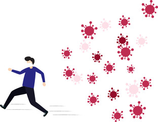 Concept of the threat of spreading coronavirus infection 2019-nCoV. Man running away from viruses and contagious diseases.