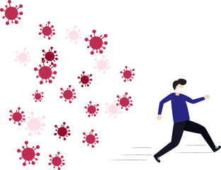 Concept of the threat of spreading coronavirus infection 2019-nCoV. Man running away from viruses and contagious diseases.