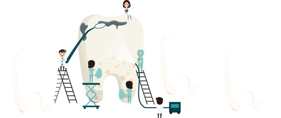 Group of small dentists are caring for a large tooth. Children dentistry. Oral hygiene, teeth cleaning.