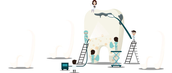 Group of small dentists are caring for a large tooth. Children dentistry. Oral hygiene, teeth cleaning.