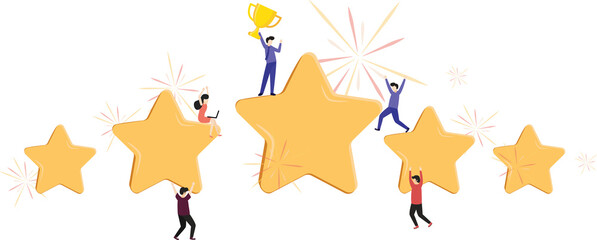 Customer review rating. Man and woman customer giving star rating, Customer Review.Positive online feedback.